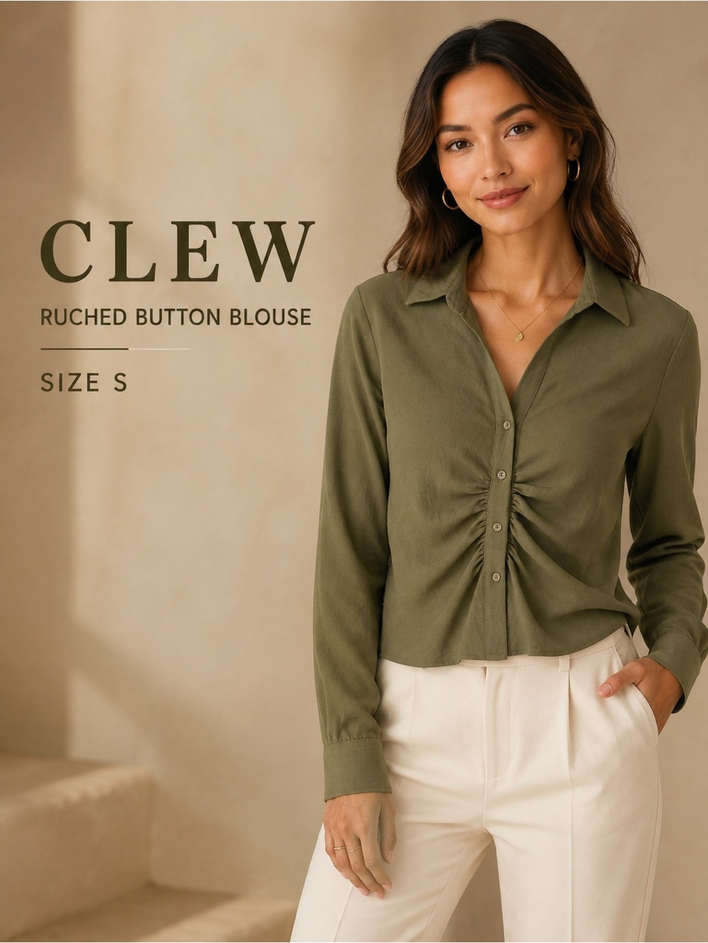 CLEW Olive Green Ruched Front Button-Up Blouse Size Small